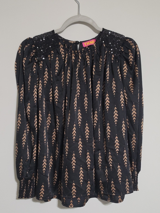 THML Tops - THML Black & Gold Boho Sequin Accent Balloon Sleeve Blouse, XL